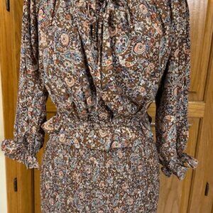 Brown Off Shoulder Paisley Print Mini Dress  7385 NWT Boutique